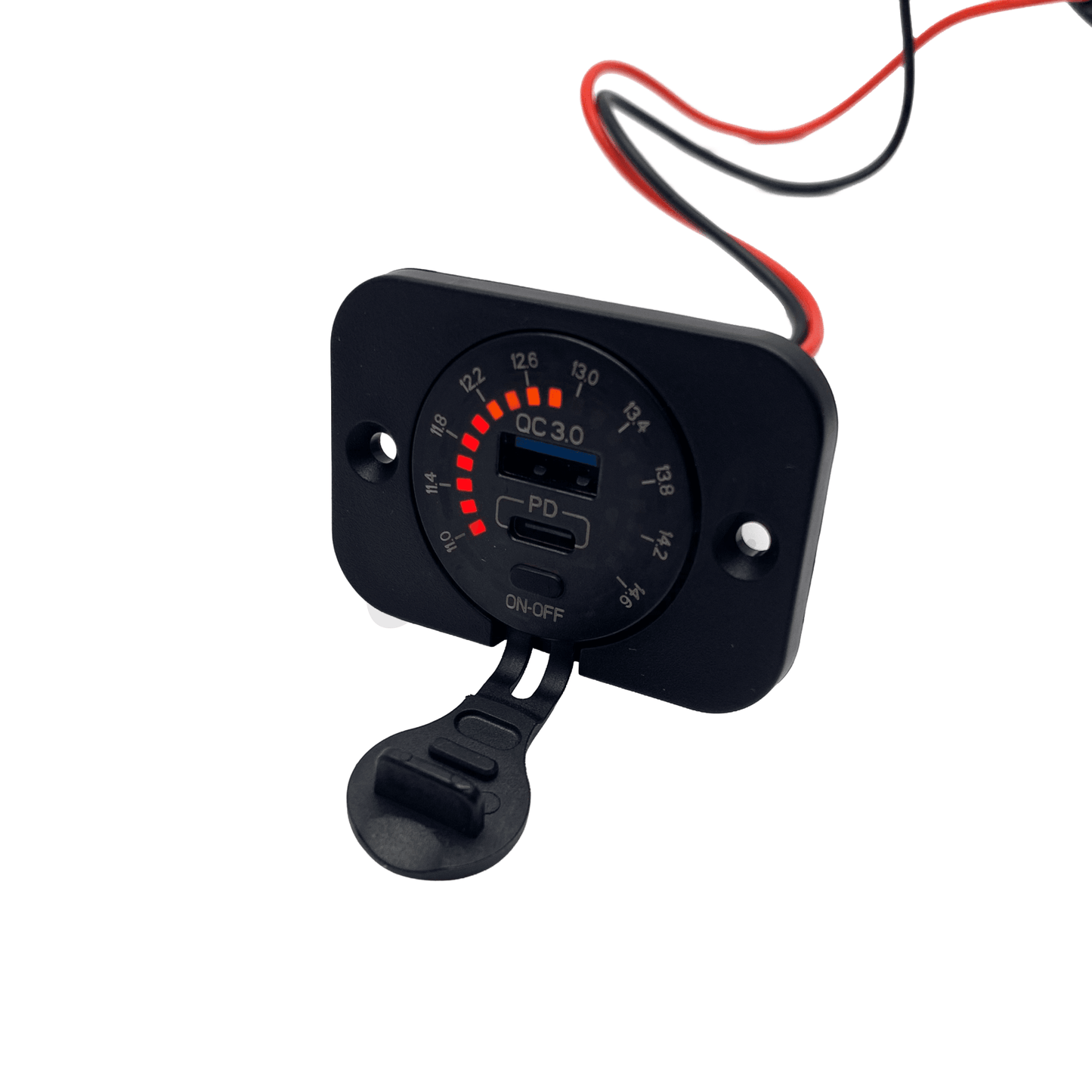 12V Battery Voltmeter & USB C PD 30W Port & Quick Charge 3.0 USB A Port 18W - Wired Campers Limited