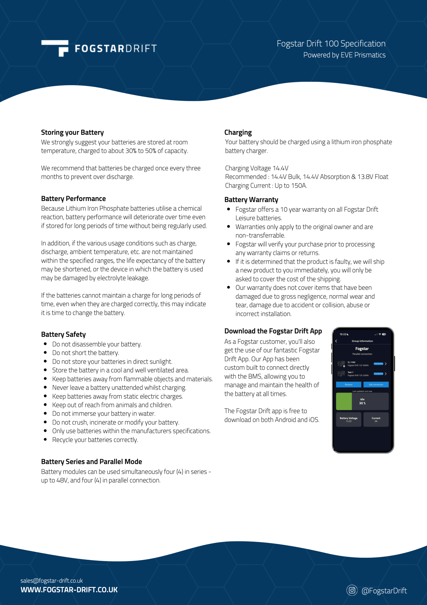 Fogstar Drift 12V 100AH Heated Lithium LiFePO4 Leisure Battery W/Bluetooth - Wired Campers Limited