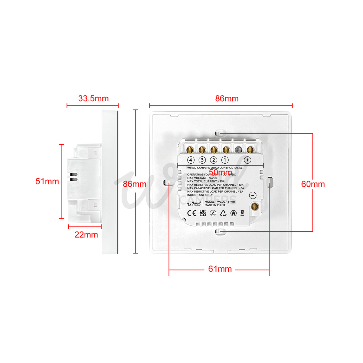 Wired Campers Quad - Camper Van Control Panel - 12V 4 Output - Gold - Wired Campers Limited