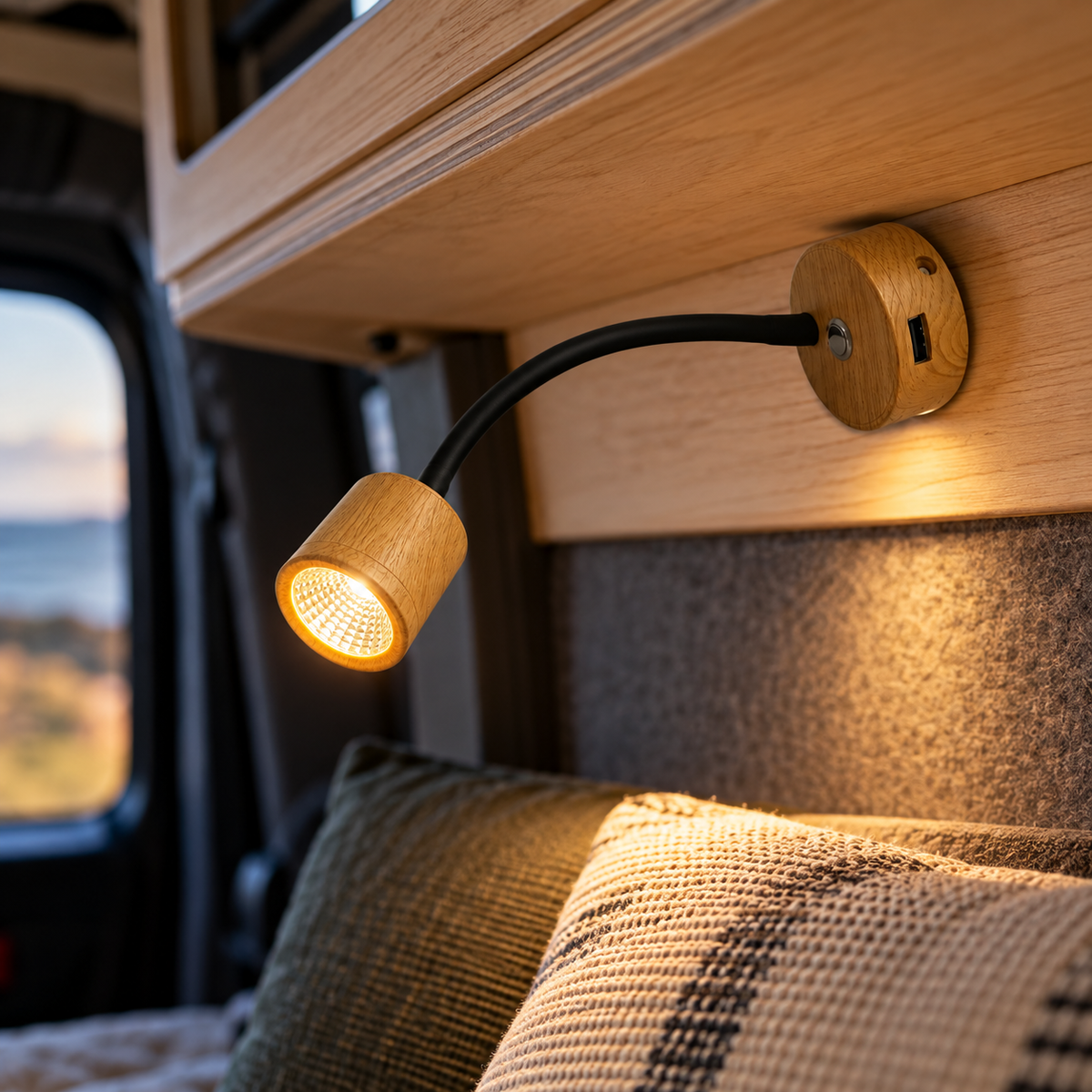 Wood Grain Flexible Arm LED Spotlight With USB A Charging Port & Dimmer