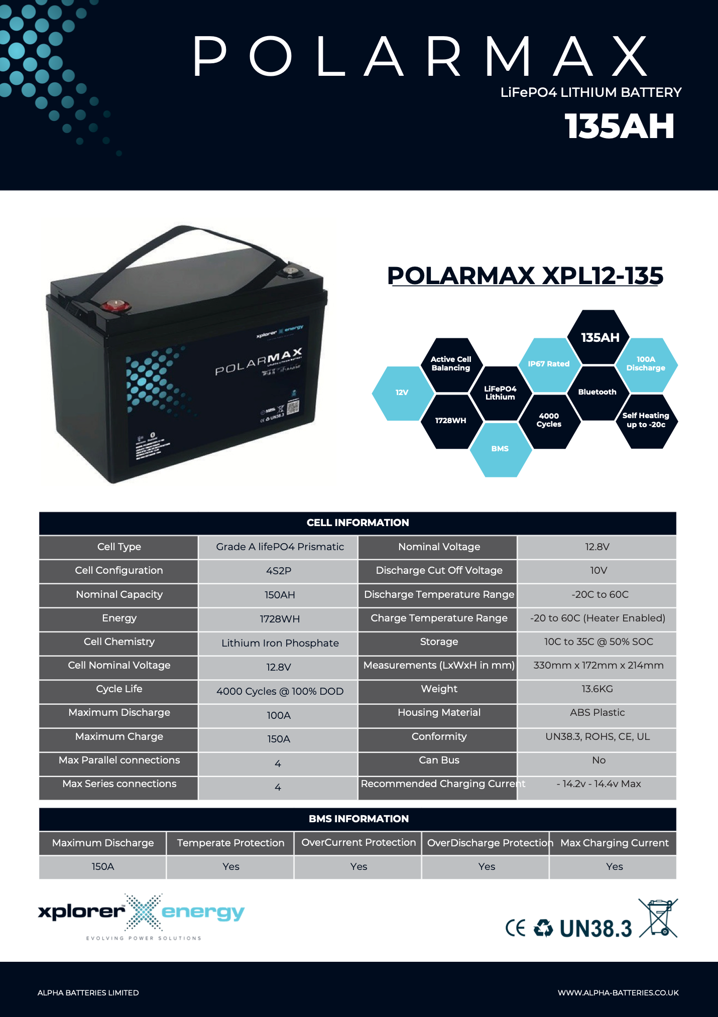 Xplorer Energy POLARMAX 12V 135Ah Heated LiFePO4 Lithium Leisure Battery