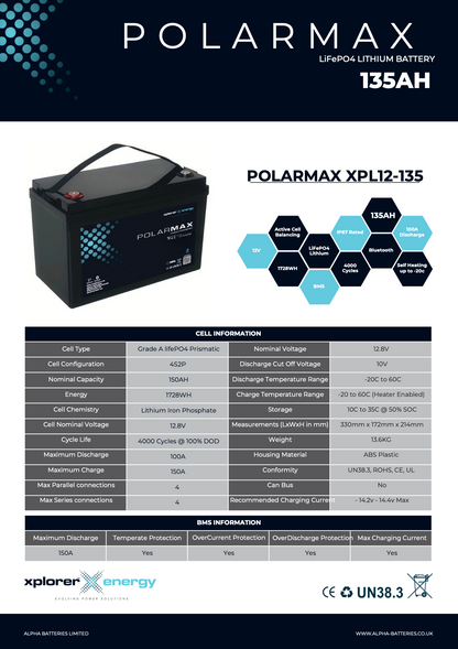 Xplorer Energy POLARMAX 12V 135Ah Heated LiFePO4 Lithium Leisure Battery