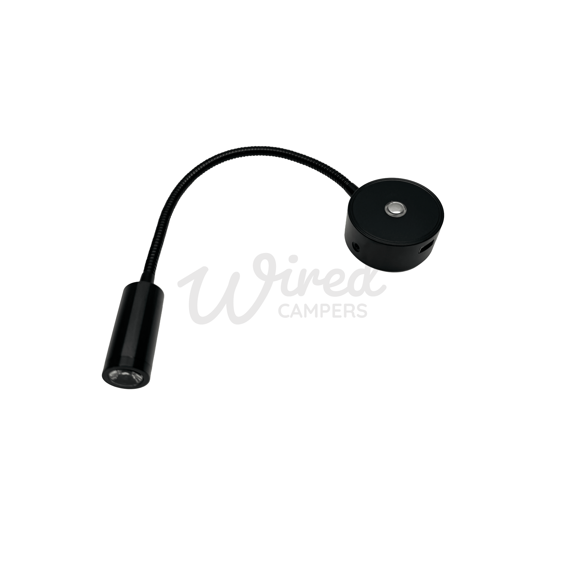 Black Flexible Arm LED Spotlight With USB A Charging Port & Dimmer - Wired Campers Limited