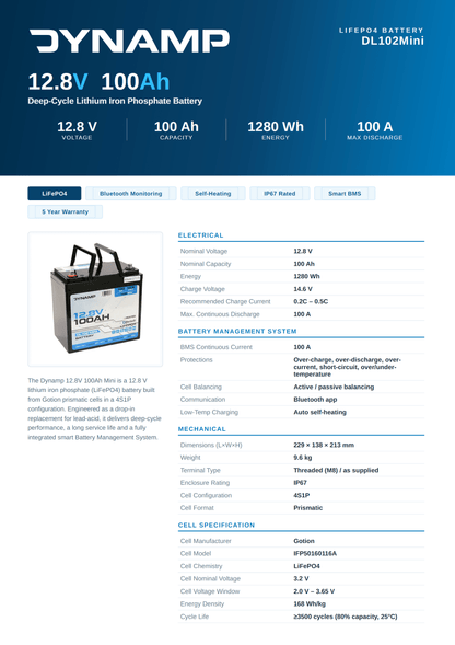 DYNAMP 12V 100Ah Heated Lithium LiFePO4 Leisure Battery With Bluetooth - Wired Campers Limited