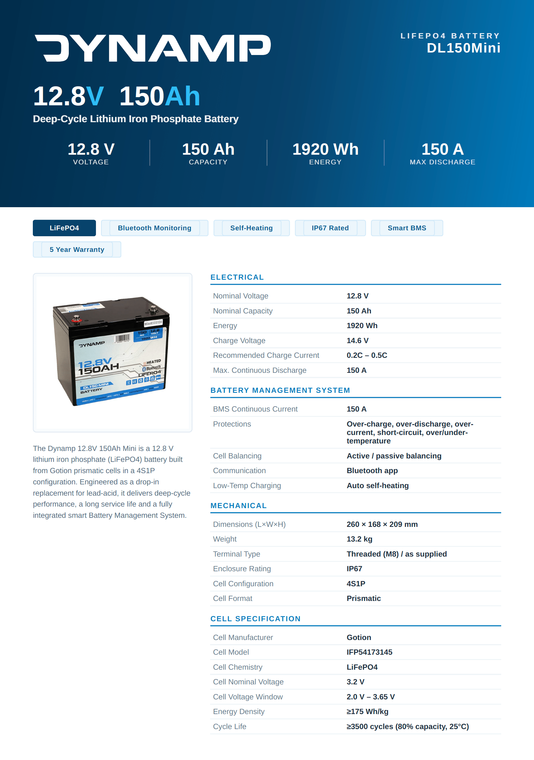 DYNAMP 12V 150Ah Heated Lithium LiFePO4 Leisure Battery - Bluetooth & Heating - Wired Campers Limited