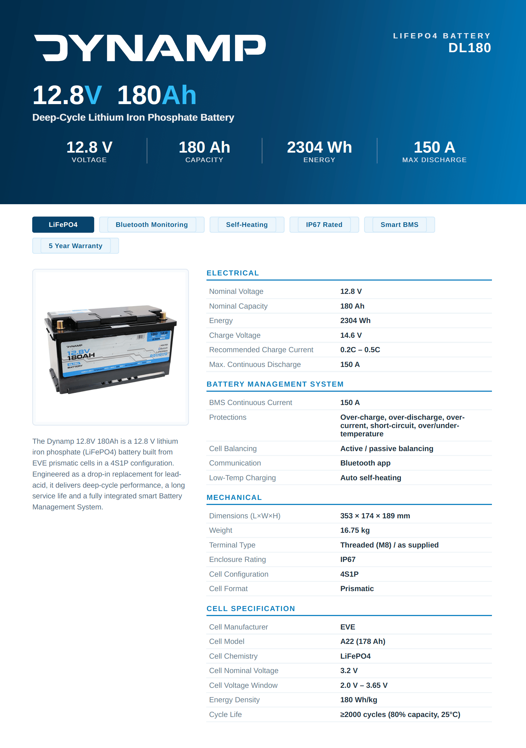 DYNAMP 12V 180Ah Heated Lithium LiFePO4 Leisure Battery - Bluetooth & Heating - Wired Campers Limited