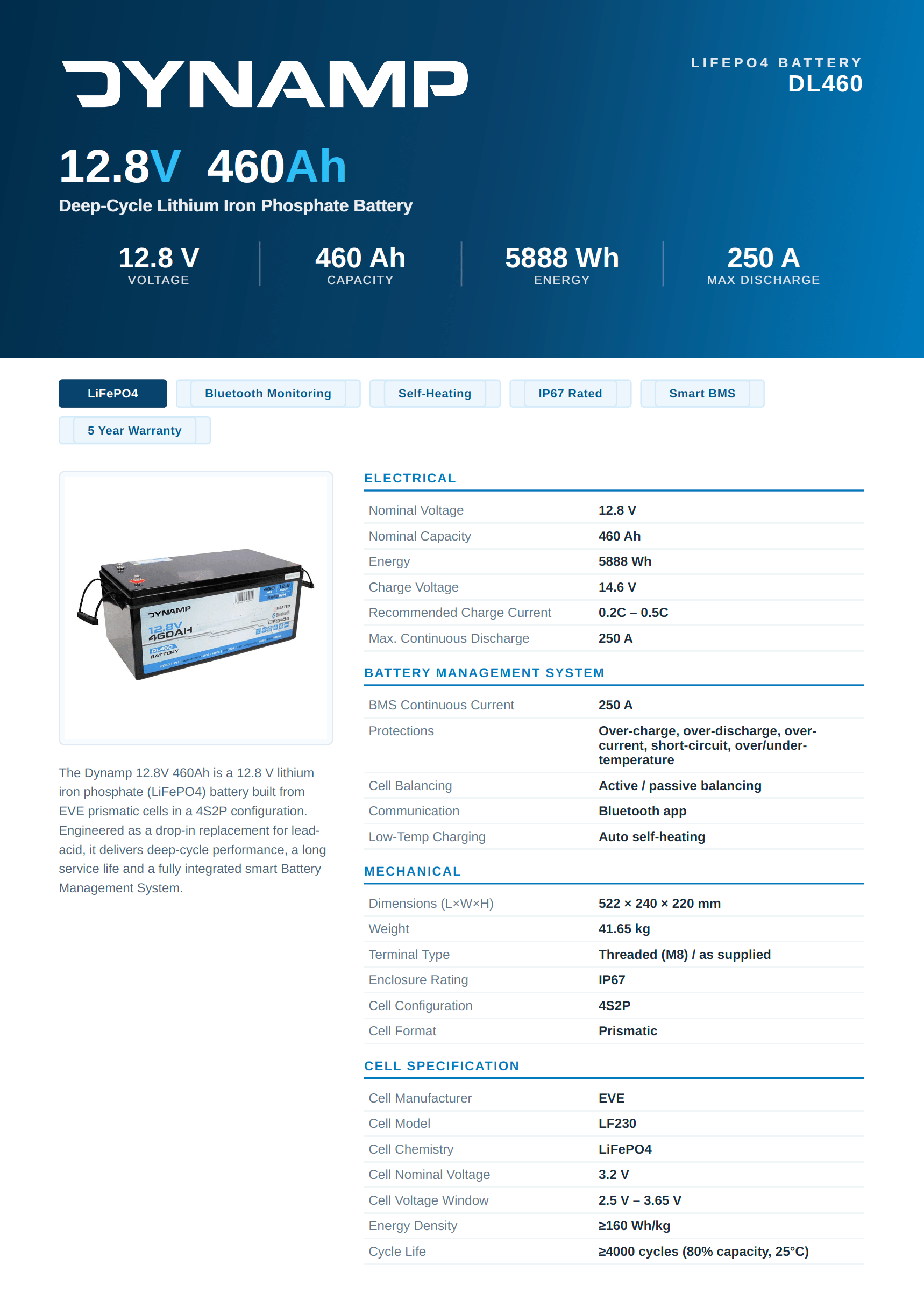 DYNAMP 12V 460Ah Heated Lithium LiFePO4 Leisure Battery - Bluetooth & Heating - Wired Campers Limited