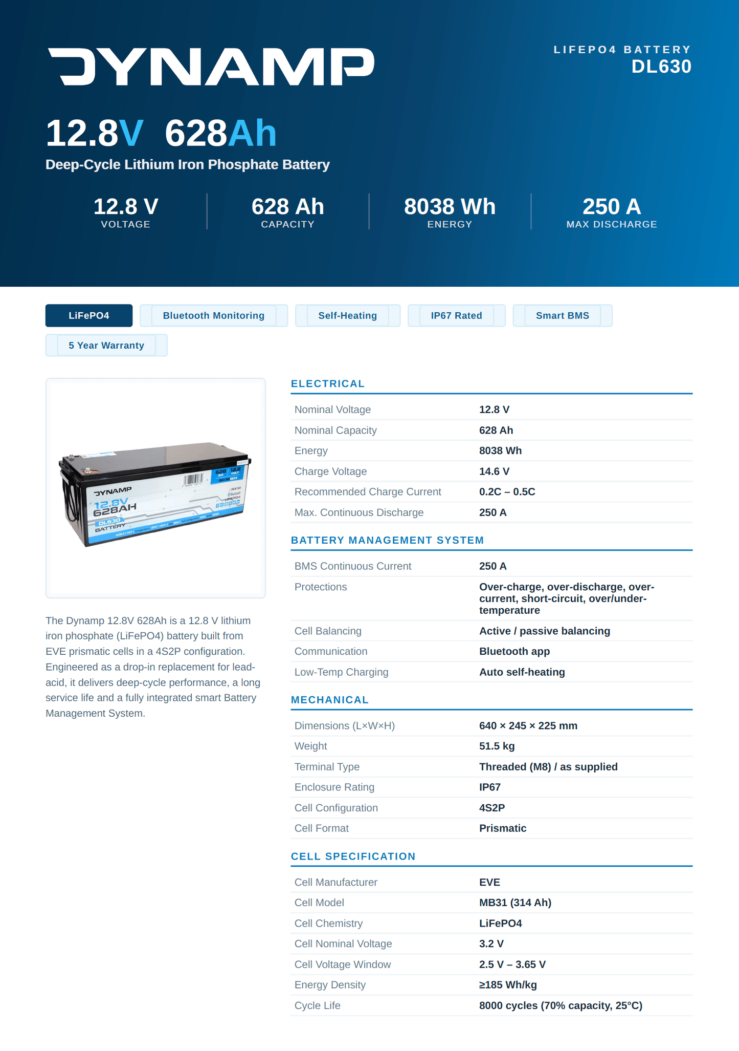 DYNAMP 12V 628Ah Heated Lithium LiFePO4 Leisure Battery - Bluetooth & Heating - Wired Campers Limited
