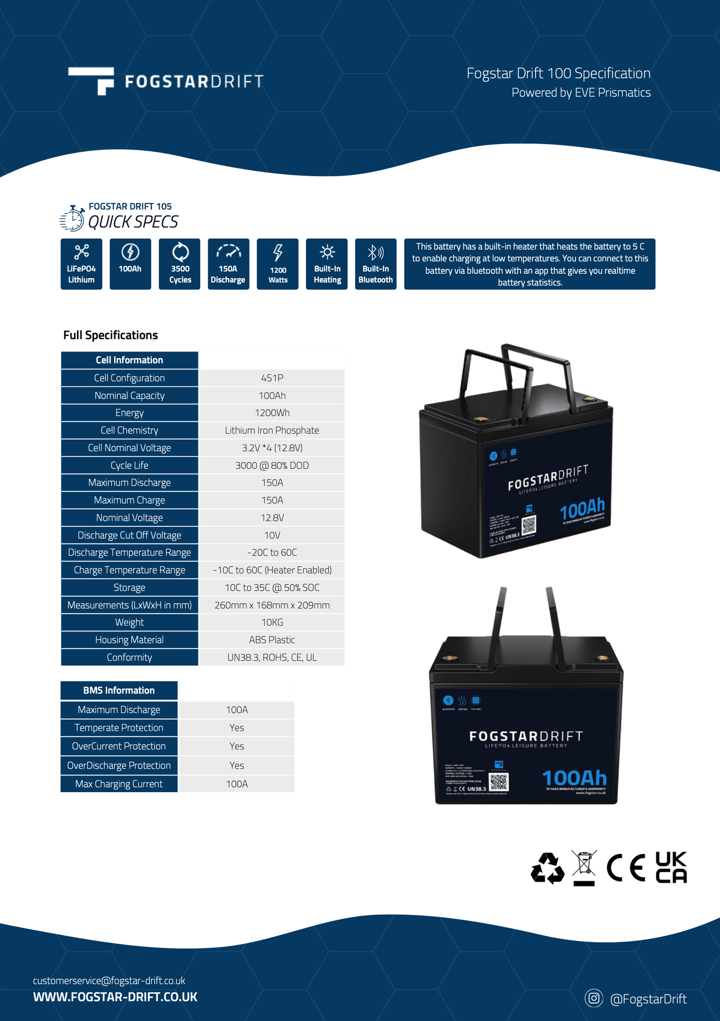 Fogstar Drift 12V 100AH Heated Lithium LiFePO4 Leisure Battery W/Bluetooth - Wired Campers Limited