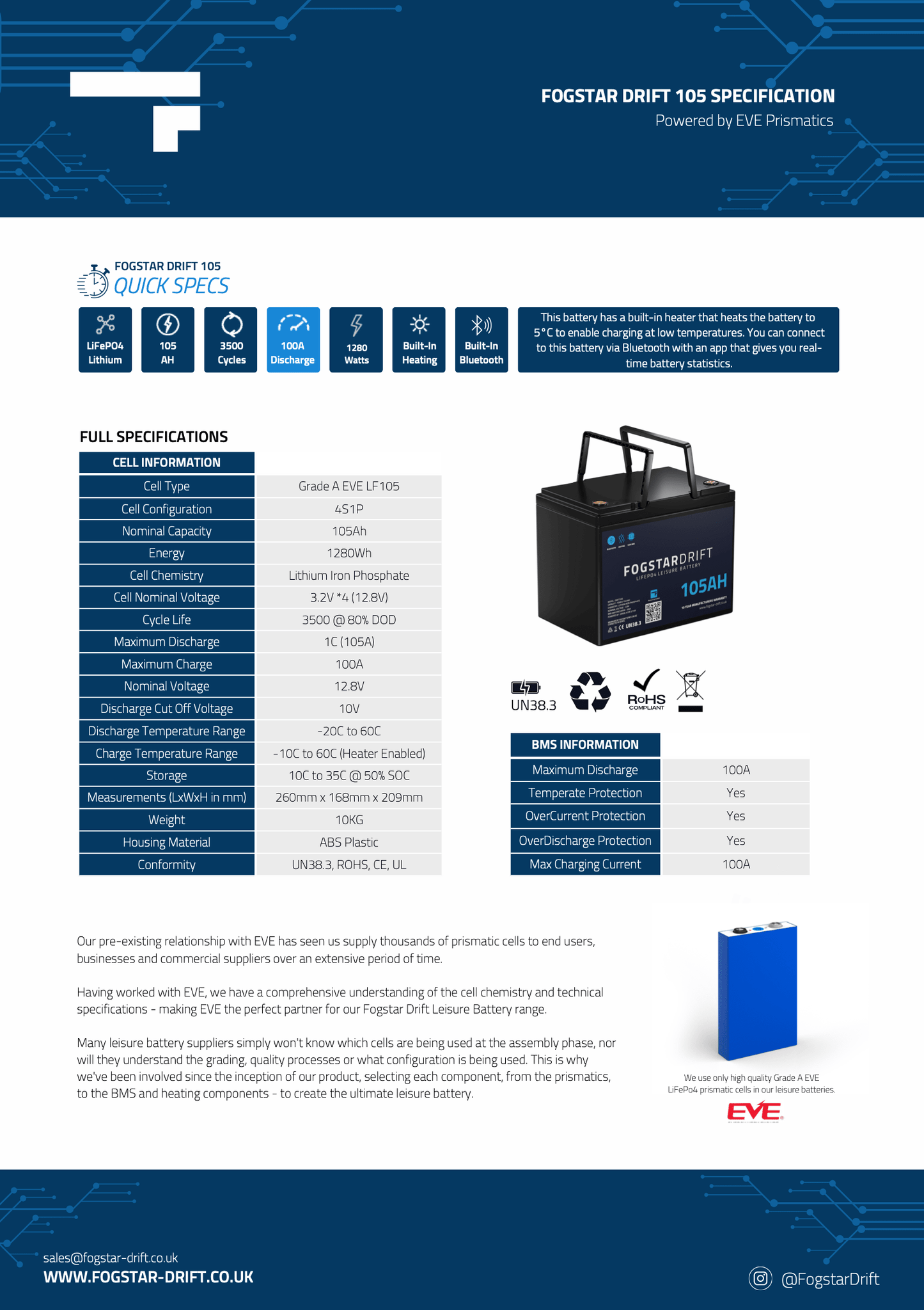 Fogstar Drift 12V 105AH Heated Lithium LiFePO4 Leisure Battery W/Bluetooth - Wired Campers Limited