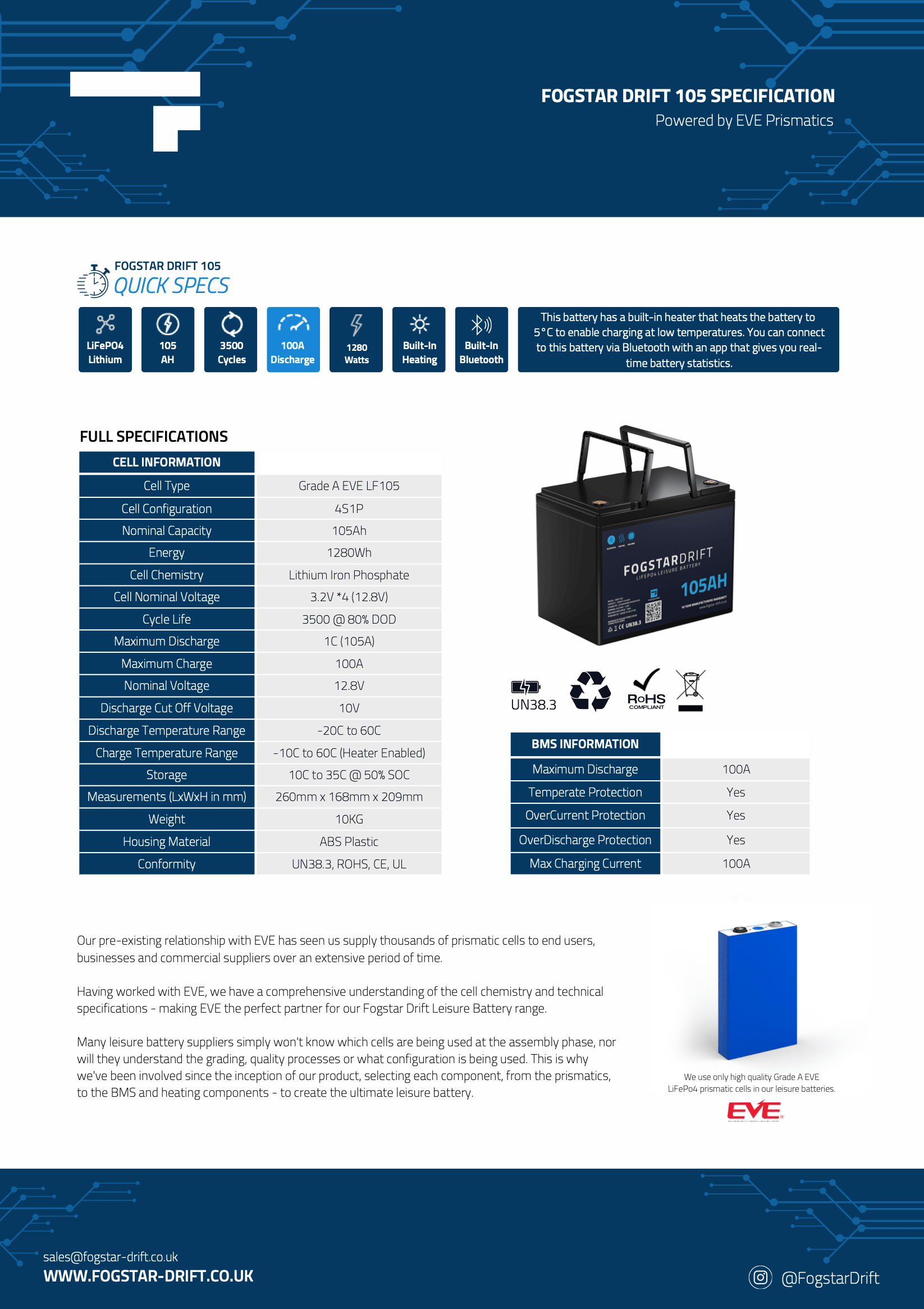 Fogstar Drift 12V 105AH Heated Lithium LiFePO4 Leisure Battery W/Bluetooth - Wired Campers Limited
