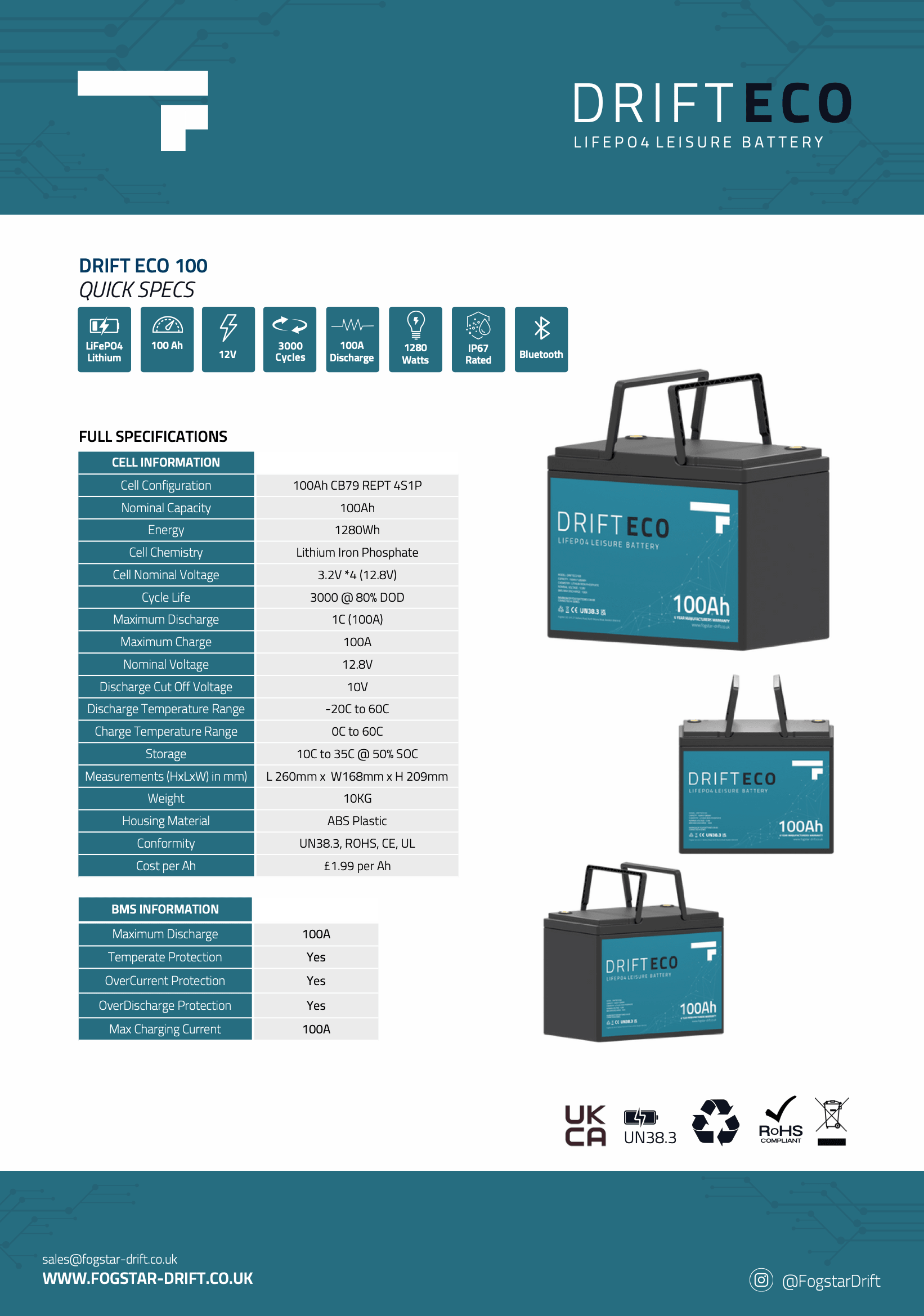 Fogstar Drift ECO 12V 100AH Bluetooth Lithium LiFePO4 Leisure Battery - Wired Campers Limited