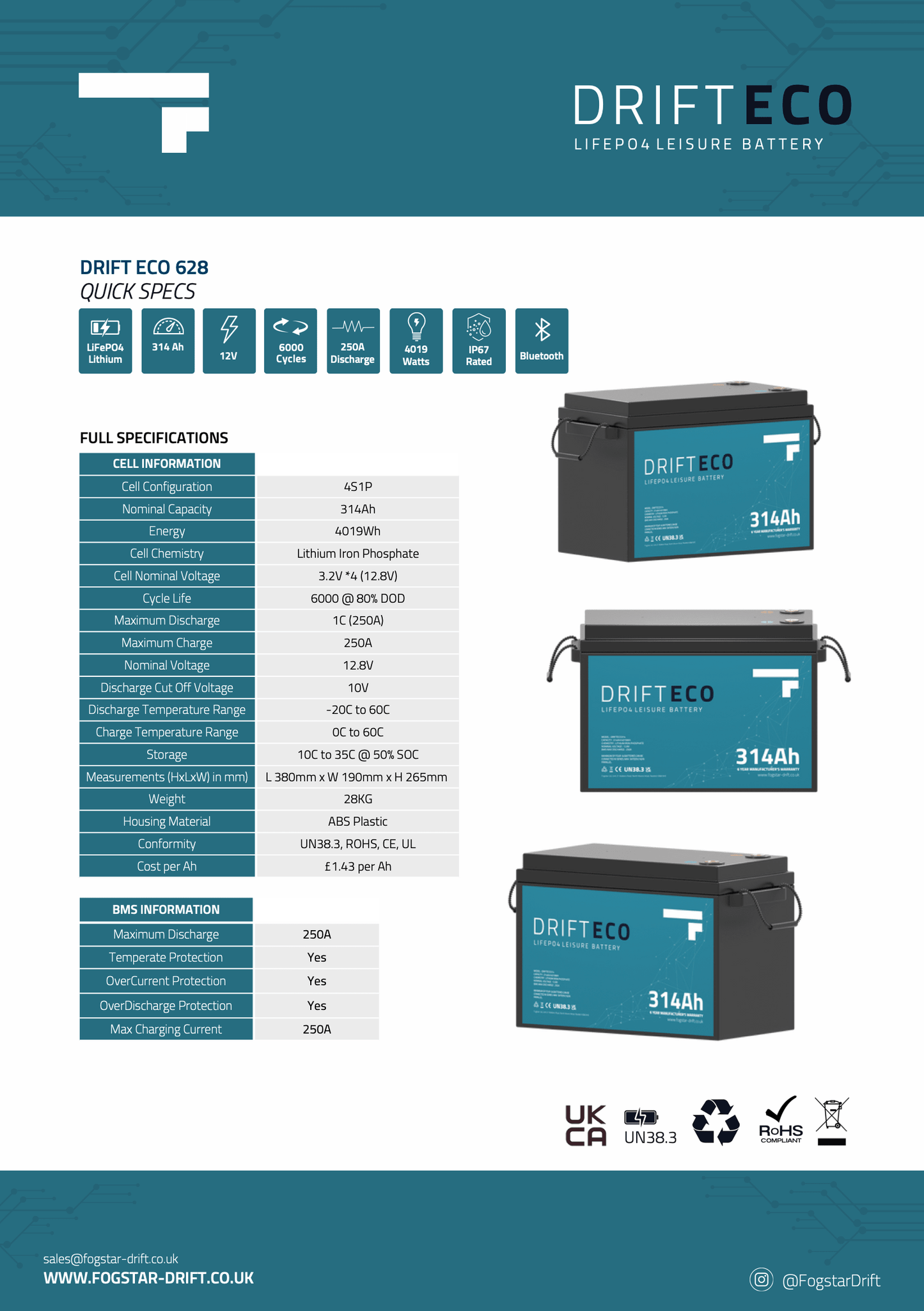 Fogstar Drift ECO 12V 314AH Bluetooth Lithium LiFePO4 Leisure Battery - Wired Campers Limited