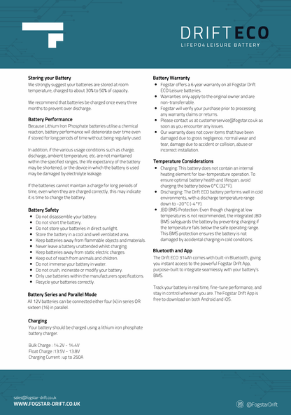 Fogstar Drift ECO 12V 314AH Bluetooth Lithium LiFePO4 Leisure Battery - Wired Campers Limited