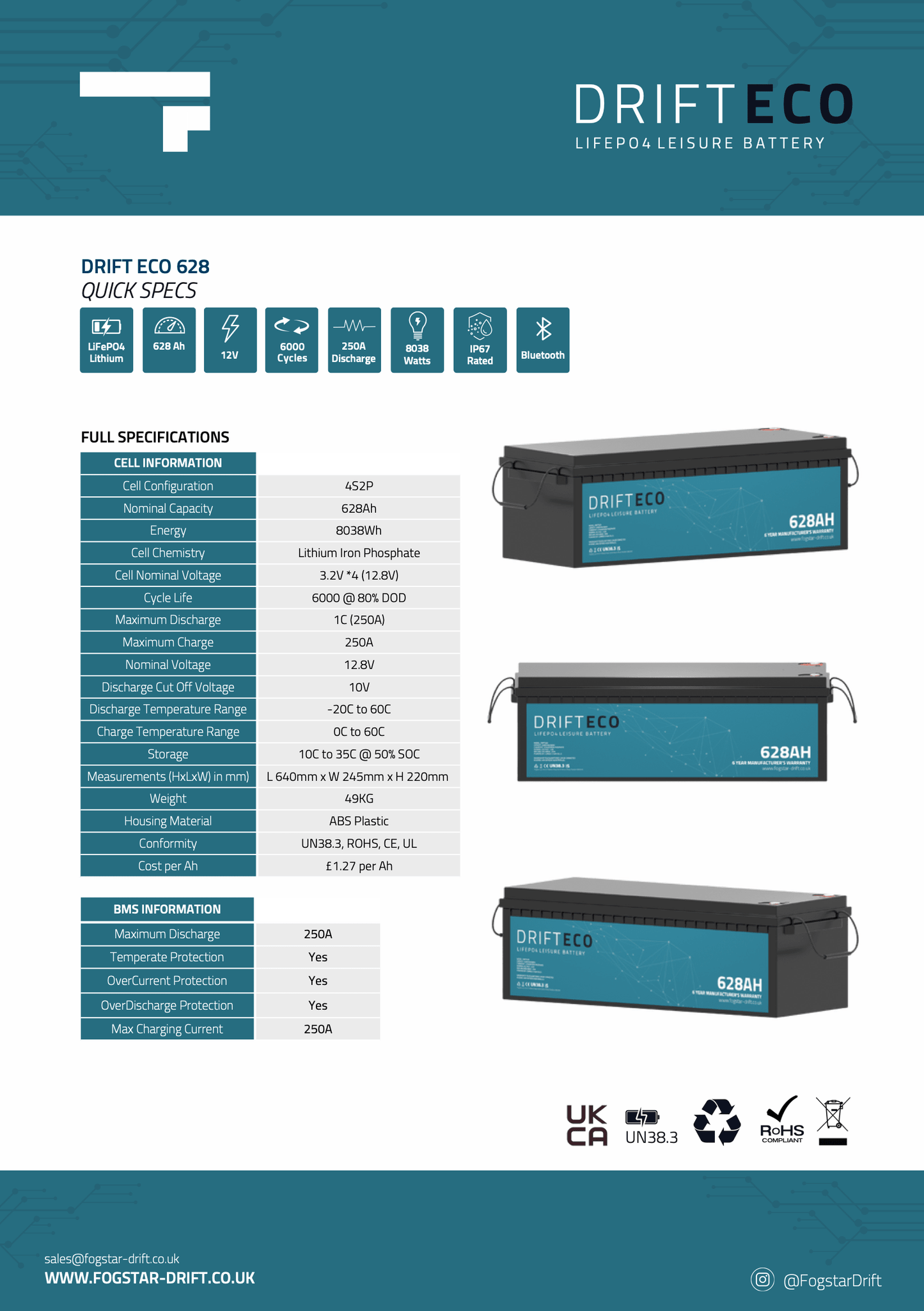 Fogstar Drift ECO 12V 628AH Bluetooth Lithium LiFePO4 Leisure Battery - Wired Campers Limited
