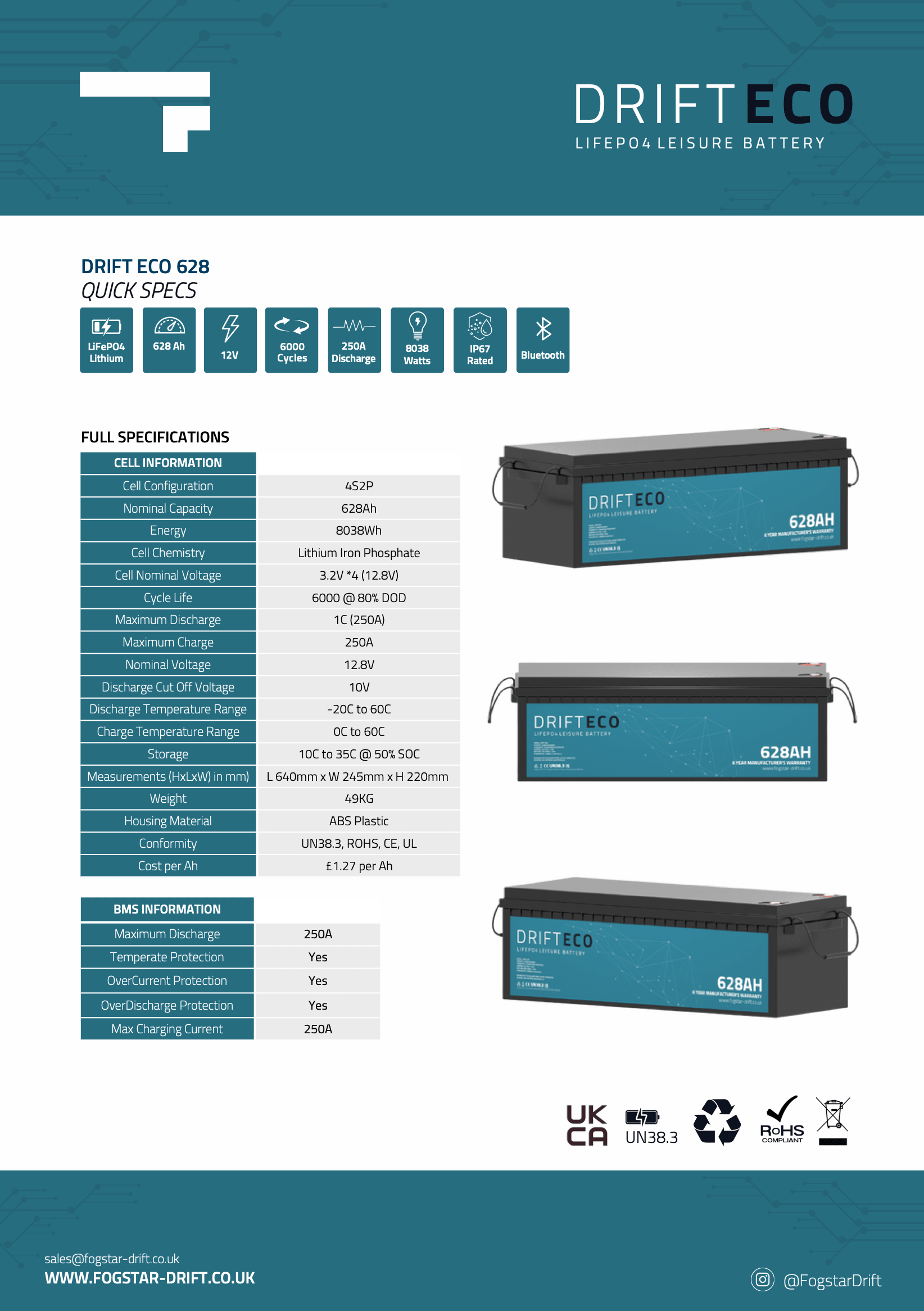 Fogstar Drift ECO 12V 628AH Bluetooth Lithium LiFePO4 Leisure Battery - Wired Campers Limited