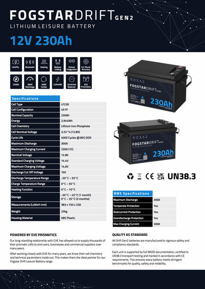 Fogstar Drift Gen2 12V 230Ah Heated Lithium LiFePO4 Leisure Battery With Bluetooth - Wired Campers Limited