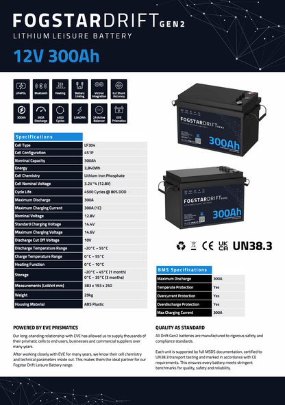 Fogstar Drift Gen2 12V 300Ah Heated Lithium LiFePO4 Leisure Battery With Bluetooth - Wired Campers Limited