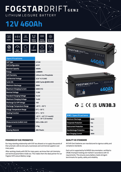 Fogstar Drift Gen2 12V 460AH Heated Lithium LiFePO4 Leisure Battery - Wired Campers Limited