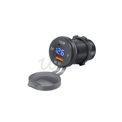 High Power USB C (PD) 100W & USB A QC Tablet / Laptop Charging Port With Voltmeter - Wired Campers Limited
