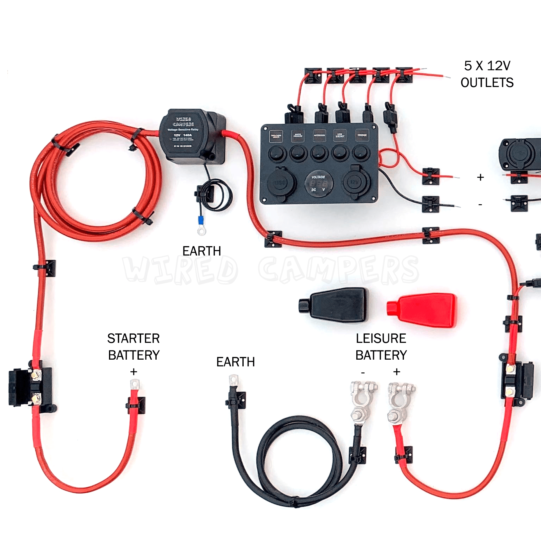 Wired Campers Complete Camper Van Electrical System - 12V Split Charge & 240V Mains With 140W 10A Solar Kit