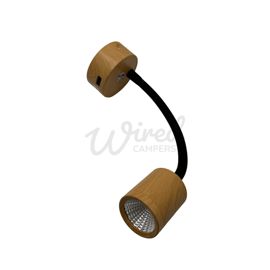 Wood Grain Flexible Arm LED Spotlight With USB A Charging Port & Dimmer - Wired Campers Limited