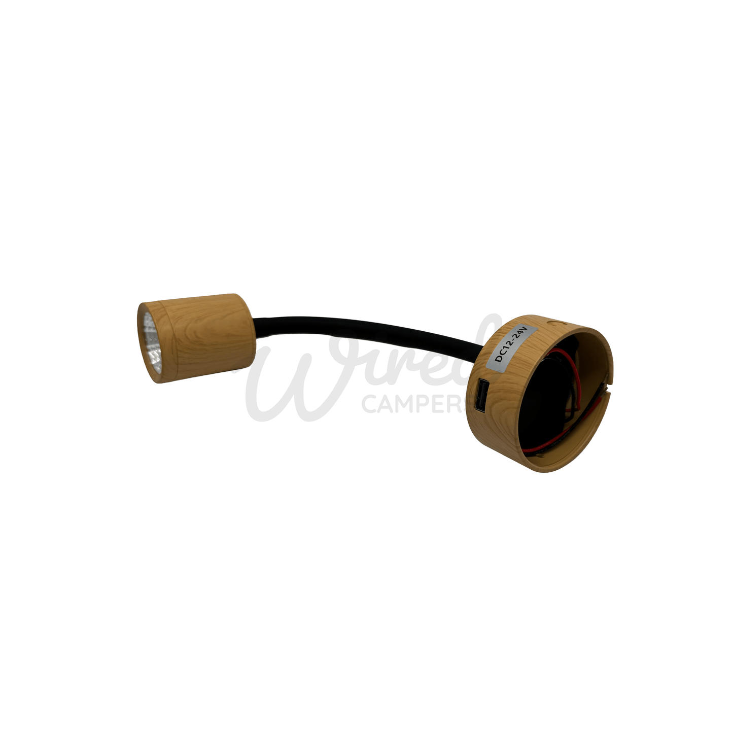 Wood Grain Flexible Arm LED Spotlight With USB A Charging Port & Dimmer - Wired Campers Limited