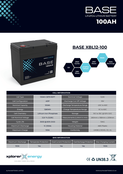 Xplorer Energy BASE 12V 100Ah LiFePO4 Lithium Leisure Battery - Wired Campers Limited