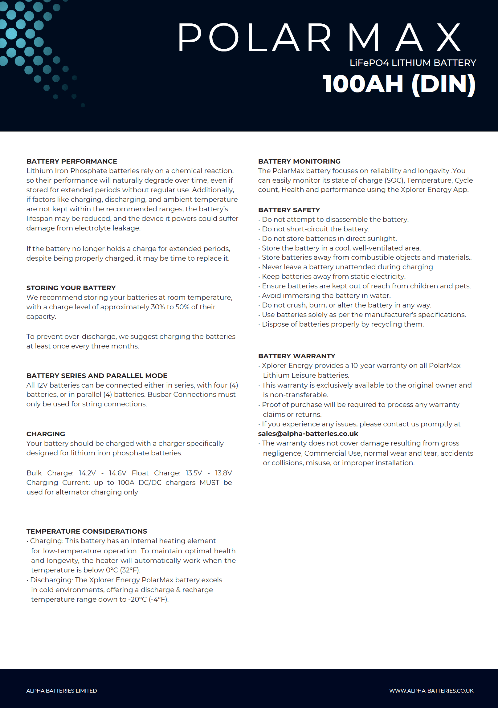 Xplorer Energy POLARMAX 12V 100Ah Low Height LiFePO4 Lithium Leisure Battery - Wired Campers Limited