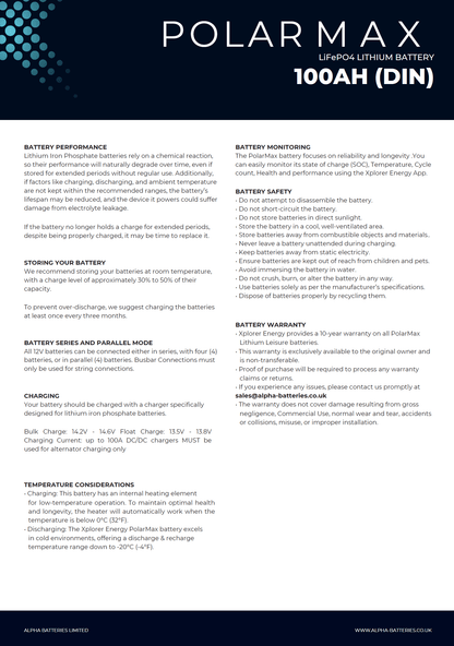 Xplorer Energy POLARMAX 12V 100Ah Low Height LiFePO4 Lithium Leisure Battery - Wired Campers Limited