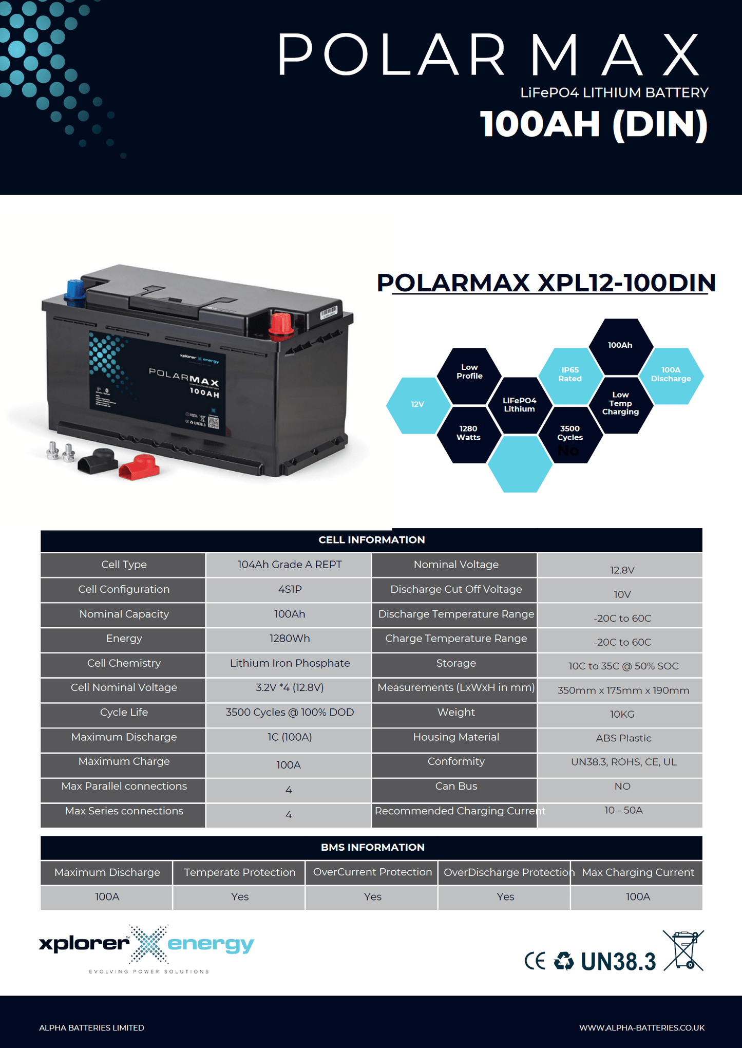 Xplorer Energy POLARMAX 12V 100Ah Low Height LiFePO4 Lithium Leisure Battery - Wired Campers Limited