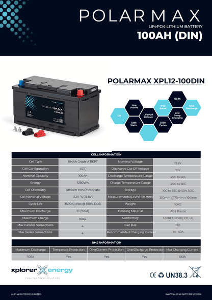 Xplorer Energy POLARMAX 12V 100Ah Low Height LiFePO4 Lithium Leisure Battery - Wired Campers Limited