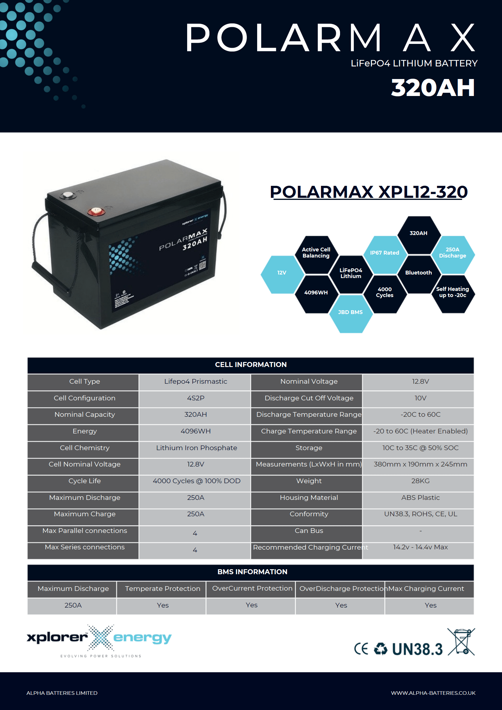 Xplorer Energy POLARMAX 12V 320Ah Heated LiFePO4 Lithium Leisure Battery - Wired Campers Limited