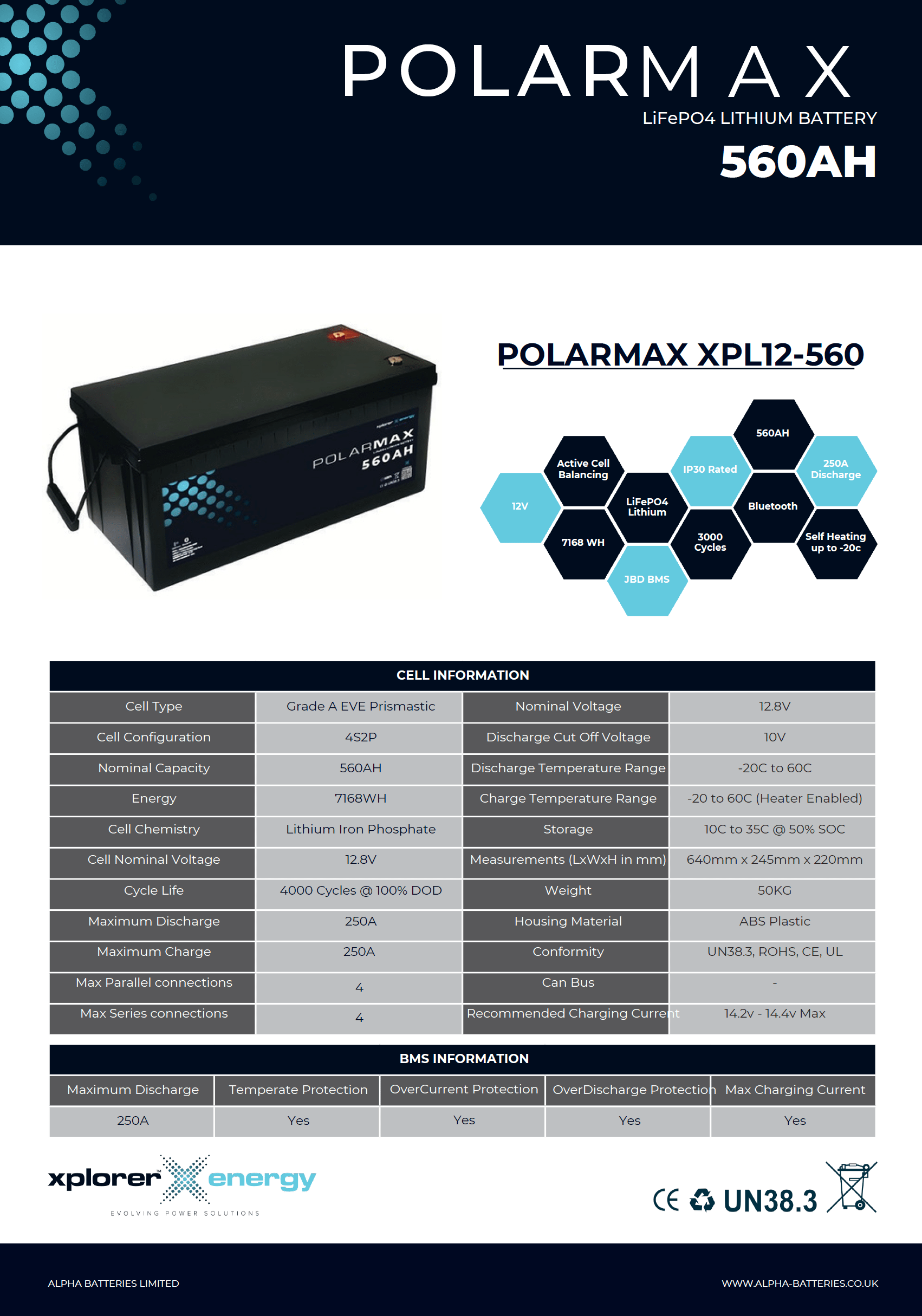 Xplorer Energy POLARMAX 12V 560Ah Heated LiFePO4 Lithium Leisure Battery - Wired Campers Limited