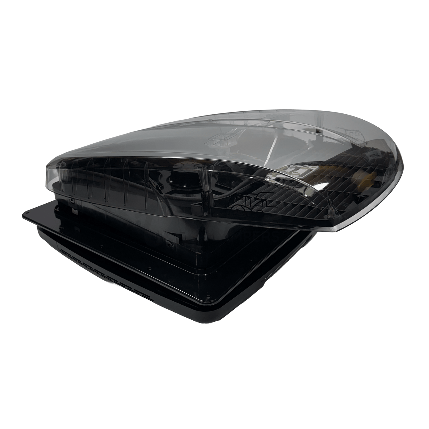 Zephyr Black Automatic Roof Fan Vent With Blind & Lighting - Smoke/Tinted Lid - Wired Campers Limited